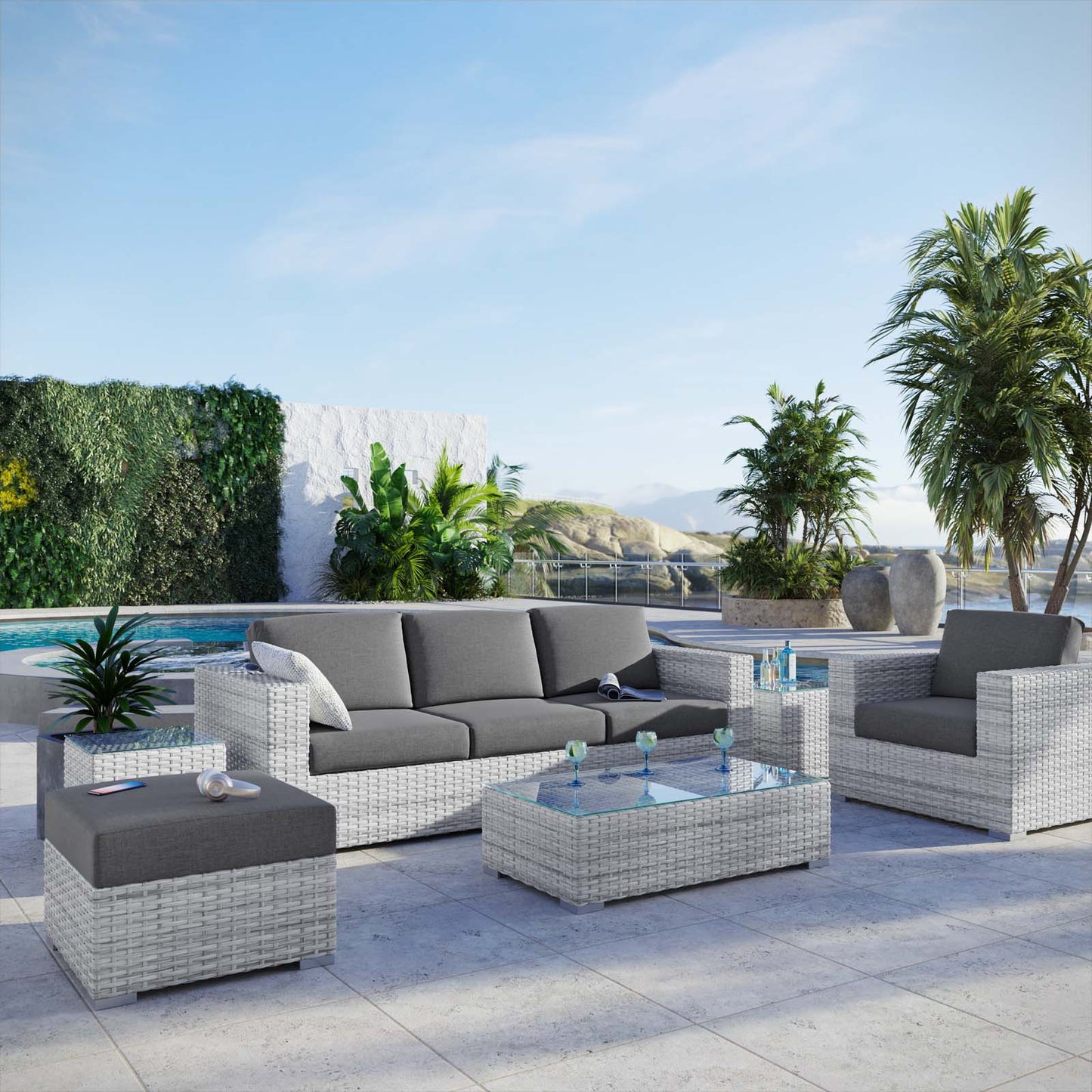 Convene 6-Piece Outdoor Patio Set, Rattan, Wicker, Grey Gray, 21145