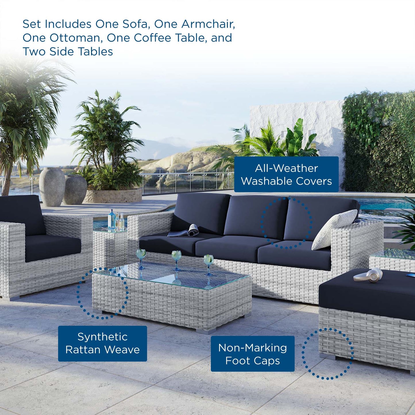 Convene 6-Piece Outdoor Patio Set, Rattan, Wicker, Light Grey Gray Blue Navy, 21148