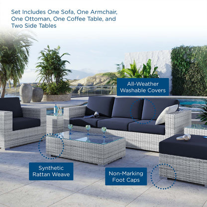 Convene 6-Piece Outdoor Patio Set, Rattan, Wicker, Light Grey Gray Blue Navy, 21148