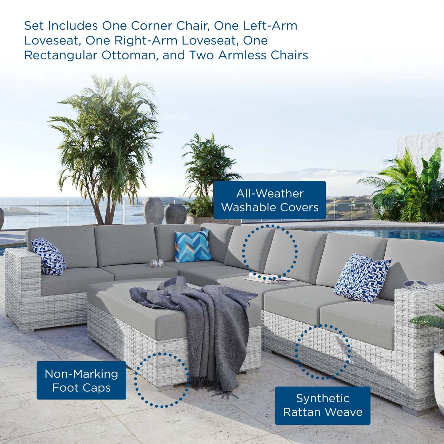 Convene 6-Piece Outdoor Patio Sectional Set, Rattan, Wicker, Grey Gray, 21151