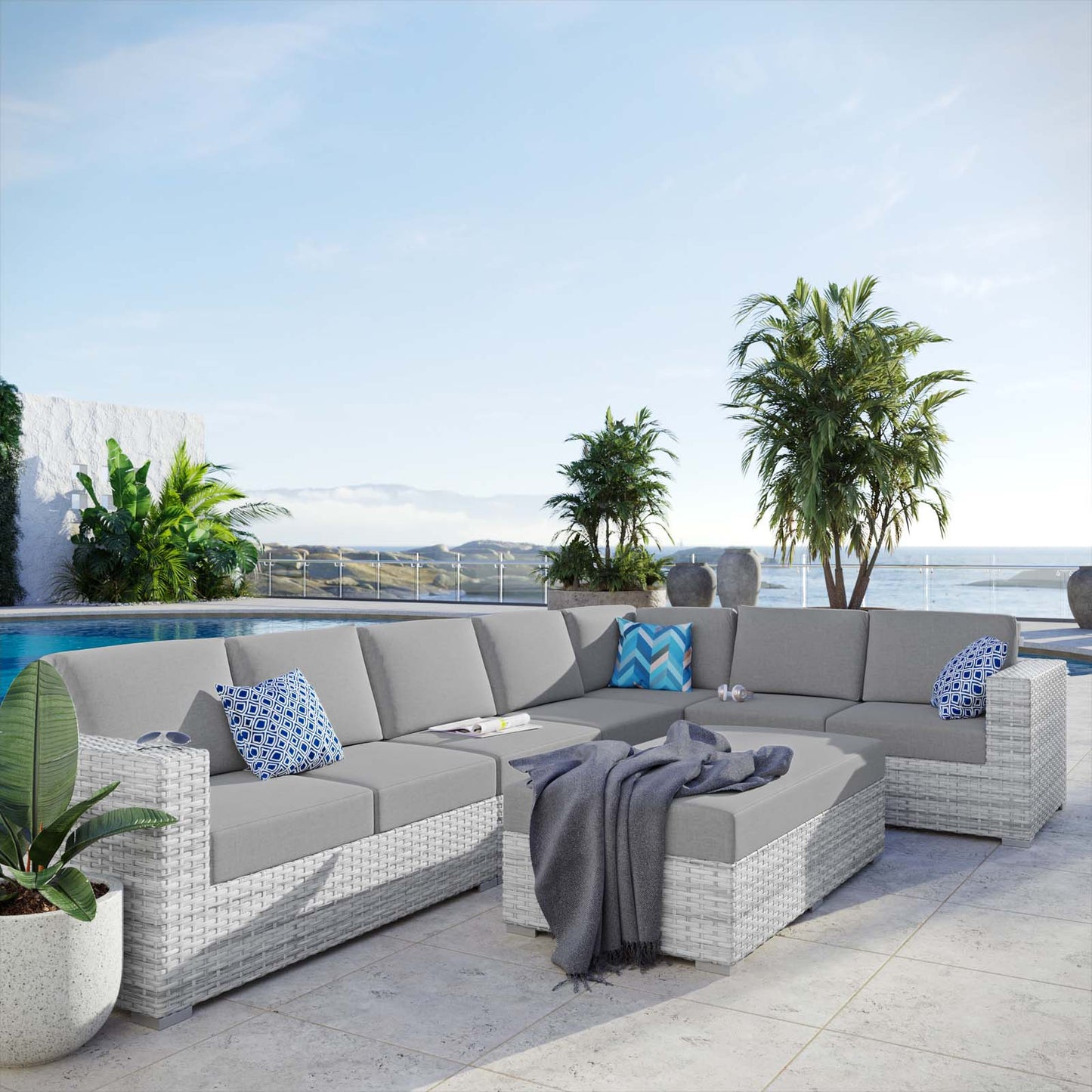 Convene 6-Piece Outdoor Patio Sectional Set, Rattan, Wicker, Grey Gray, 21151