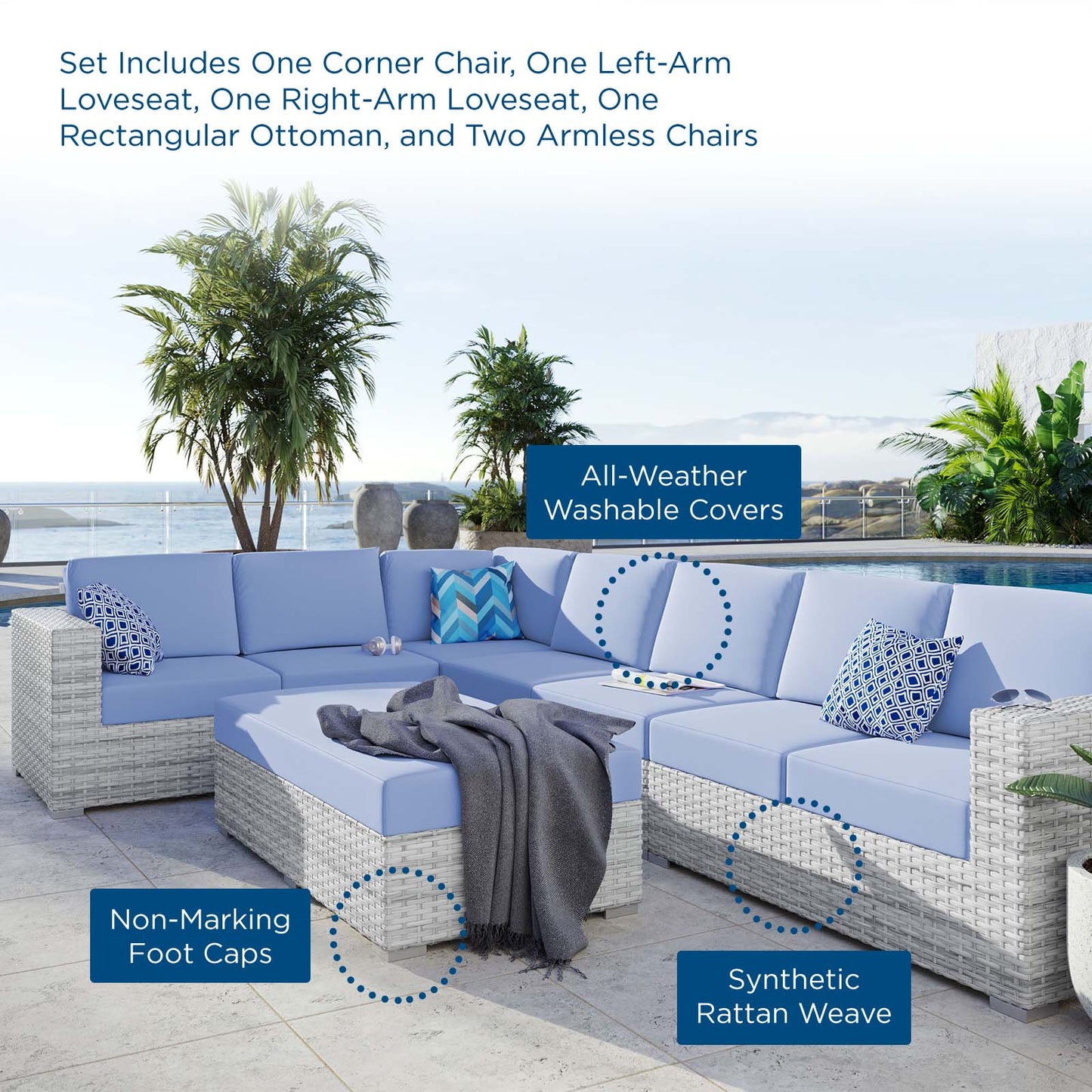 Convene 6-Piece Outdoor Patio Sectional Set, Rattan, Wicker, Light Grey Gray Light Blue, 21152