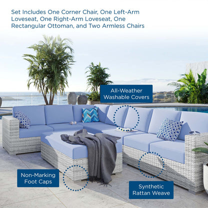 Convene 6-Piece Outdoor Patio Sectional Set, Rattan, Wicker, Light Grey Gray Light Blue, 21152