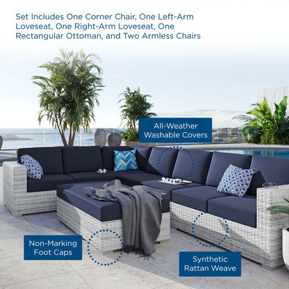 Convene 6-Piece Outdoor Patio Sectional Set, Rattan, Wicker, Light Grey Gray Blue Navy, 21153