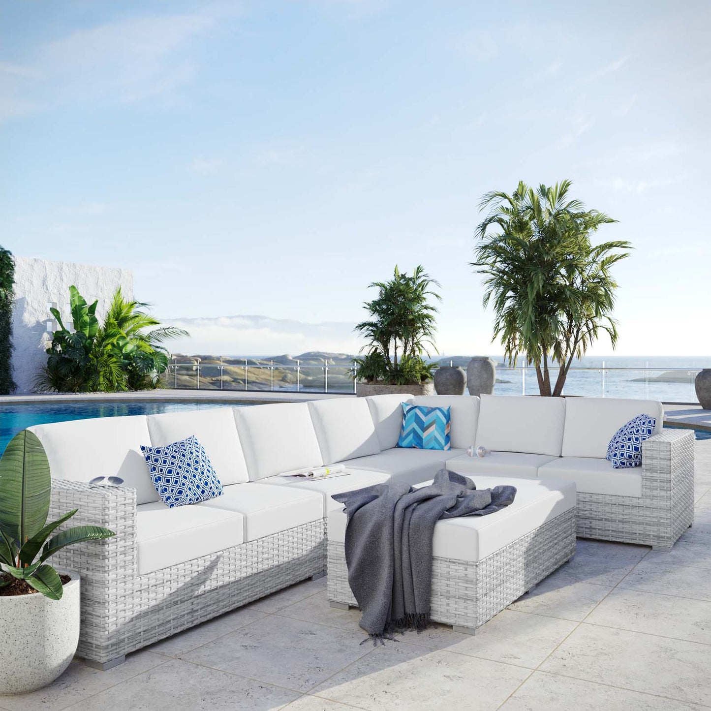 Convene 6-Piece Outdoor Patio Sectional Set, Rattan, Wicker, Light Grey Gray White, 21154