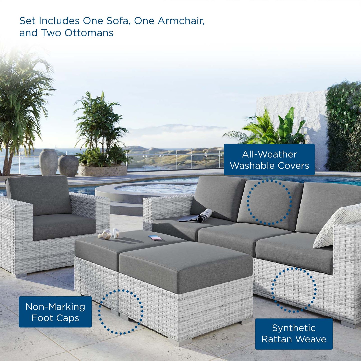 Convene 4-Piece Outdoor Patio Set, Rattan, Wicker, Grey Gray, 21155