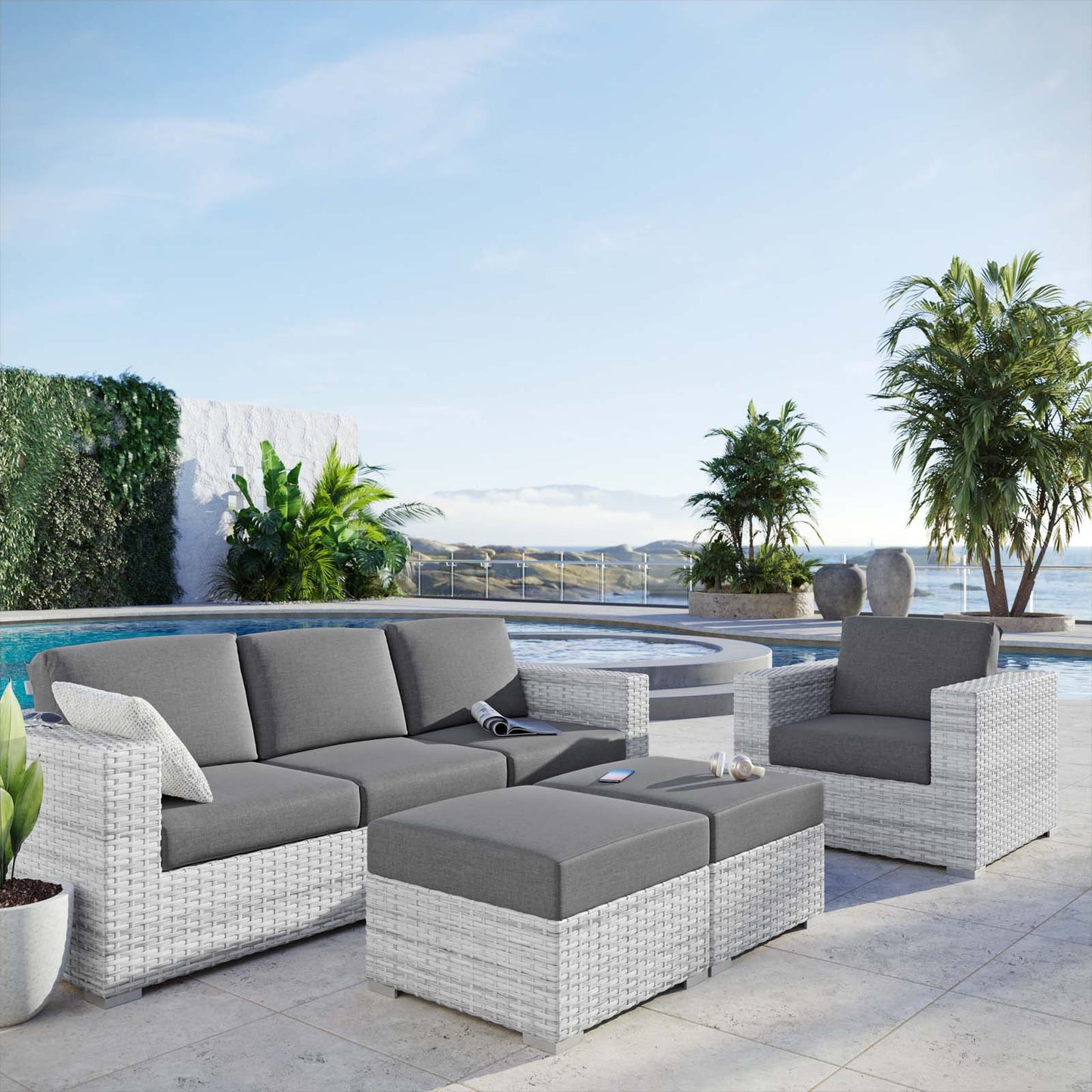 Convene 4-Piece Outdoor Patio Set, Rattan, Wicker, Grey Gray, 21155