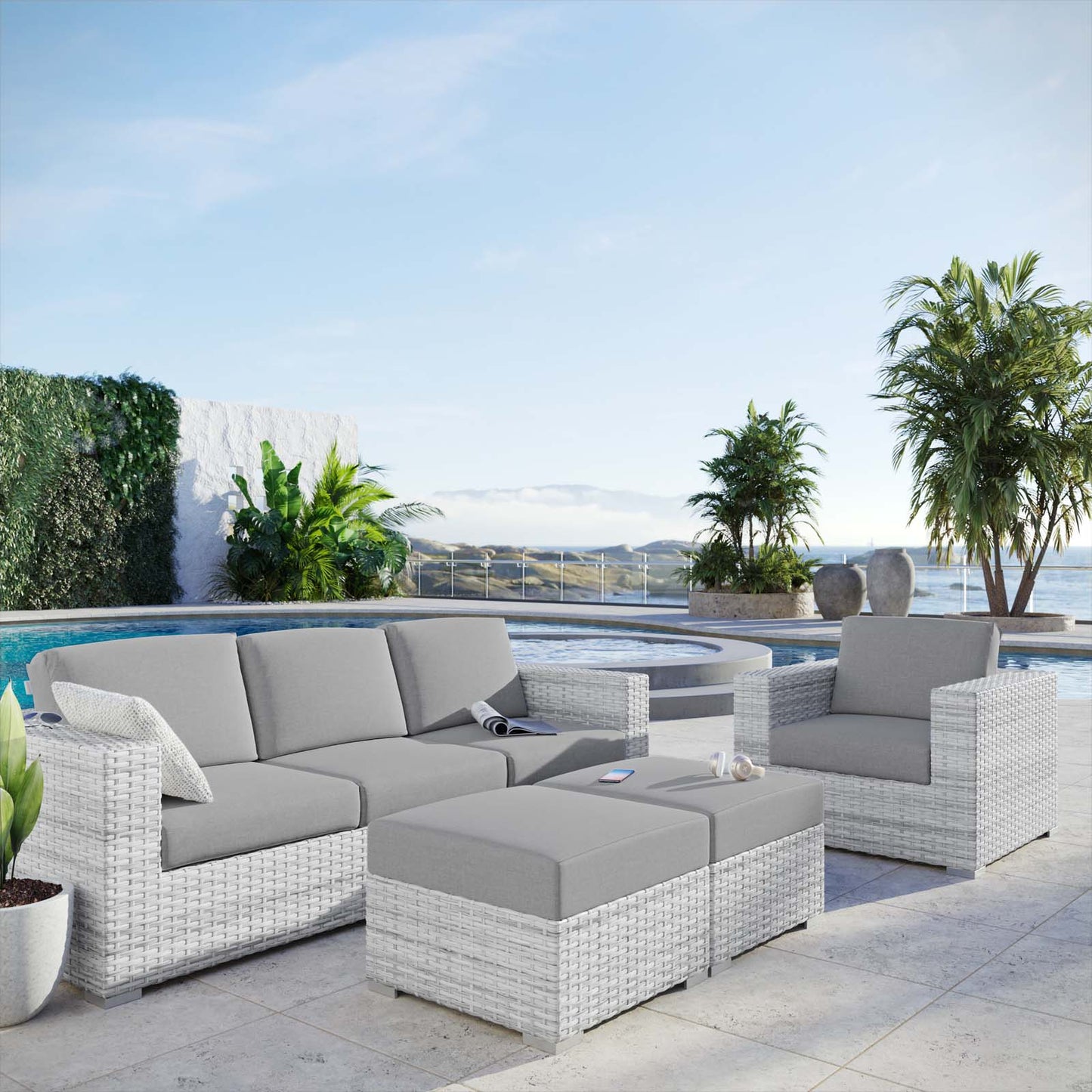 Convene 4-Piece Outdoor Patio Set, Rattan, Wicker, Grey Gray, 21156
