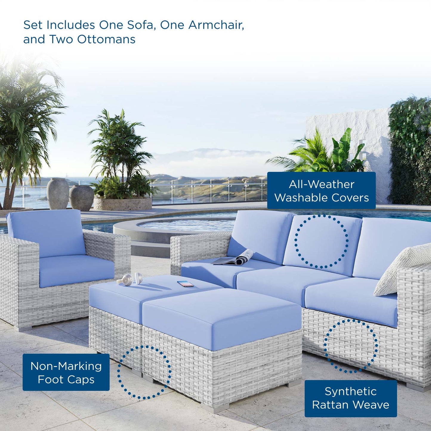 Convene 4-Piece Outdoor Patio Set, Rattan, Wicker, Light Grey Gray Light Blue, 21157