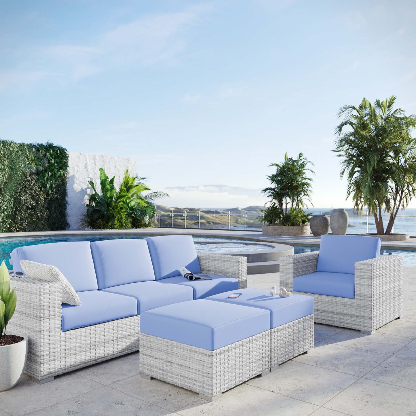 Convene 4-Piece Outdoor Patio Set, Rattan, Wicker, Light Grey Gray Light Blue, 21157