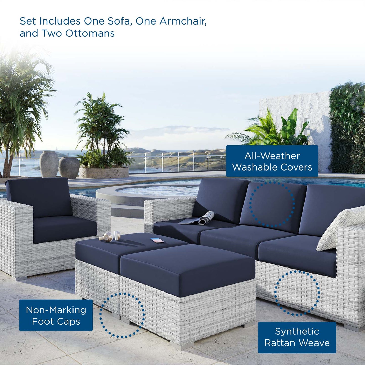 Convene 4-Piece Outdoor Patio Set, Rattan, Wicker, Light Grey Gray Blue Navy, 21158