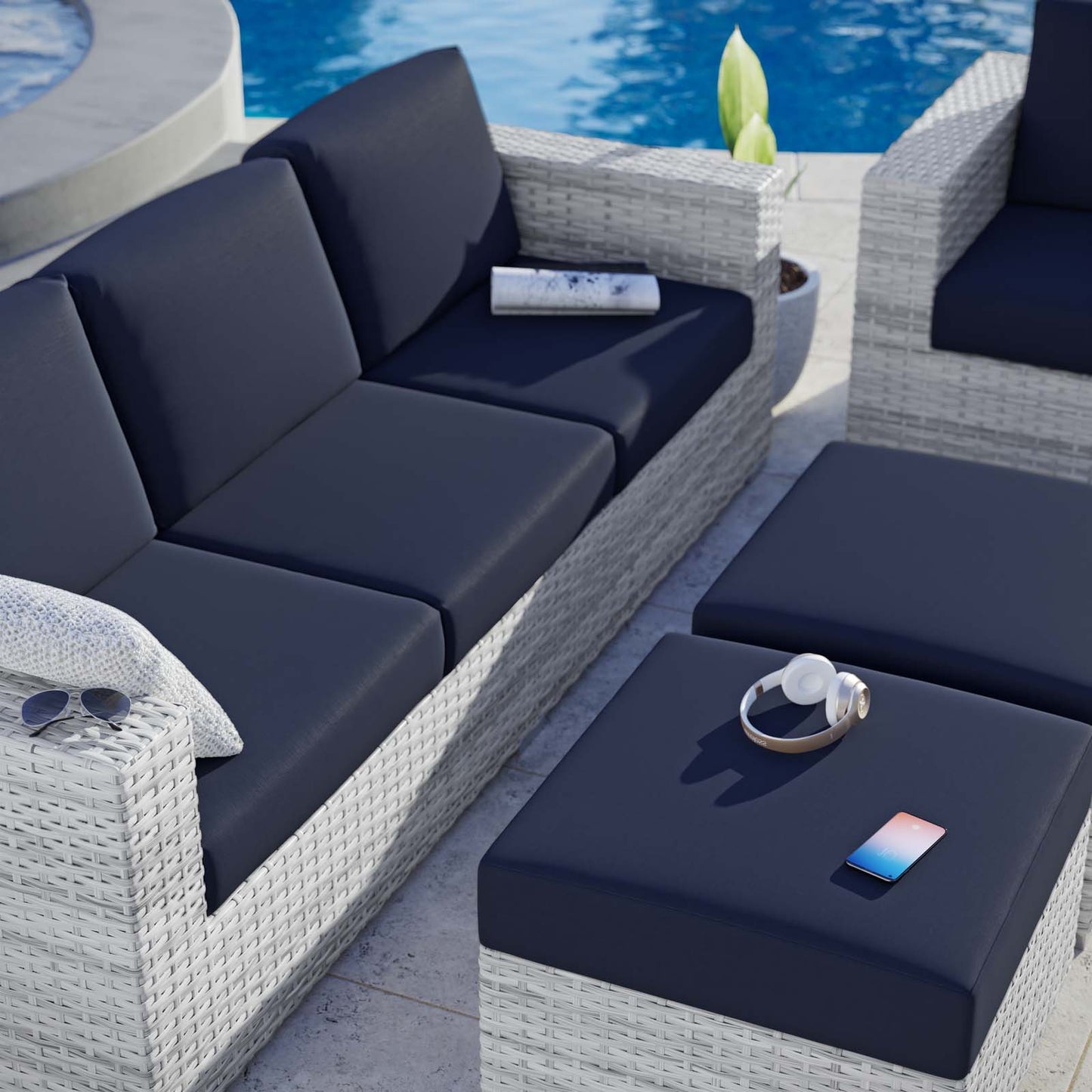 Convene 4-Piece Outdoor Patio Set, Rattan, Wicker, Light Grey Gray Blue Navy, 21158