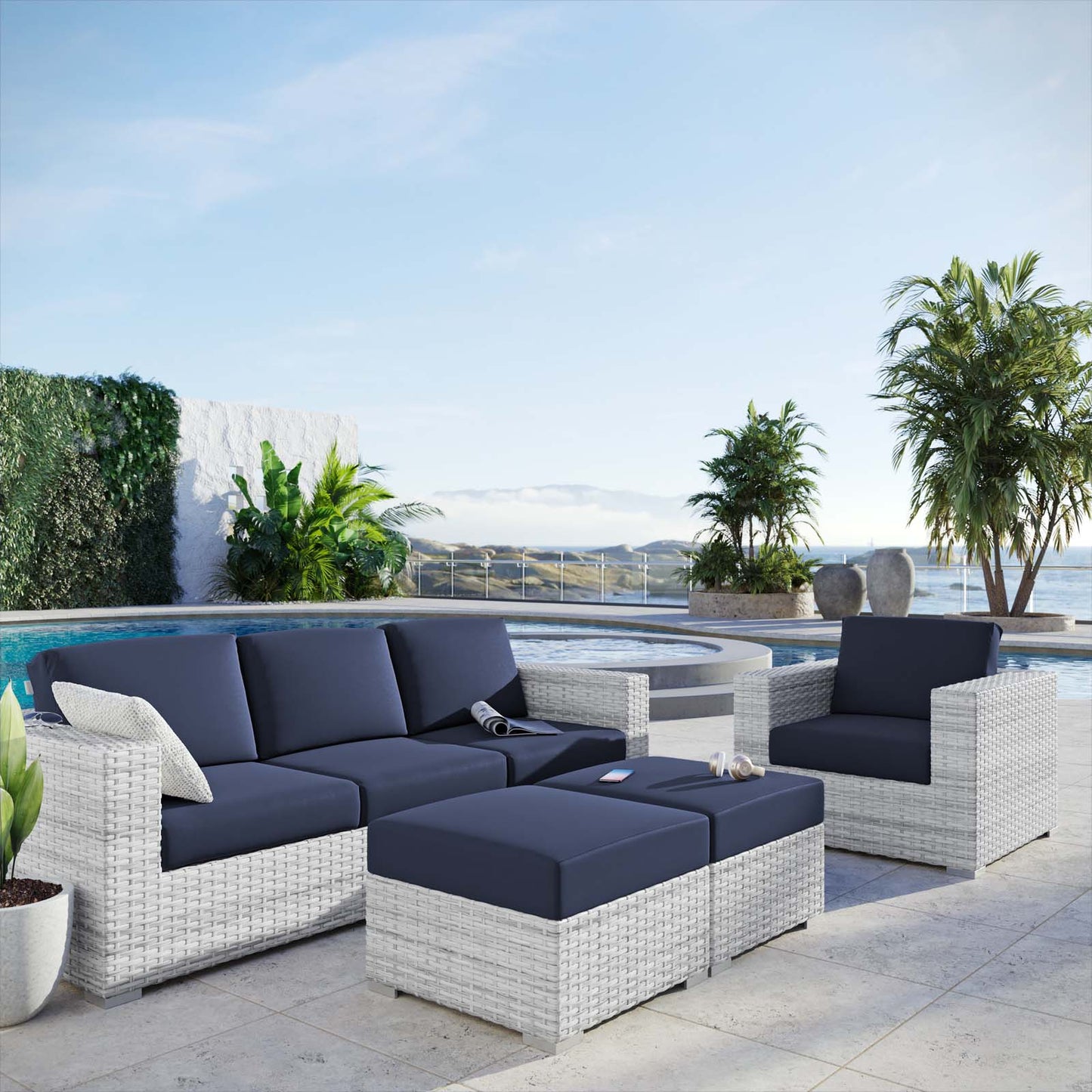 Convene 4-Piece Outdoor Patio Set, Rattan, Wicker, Light Grey Gray Blue Navy, 21158
