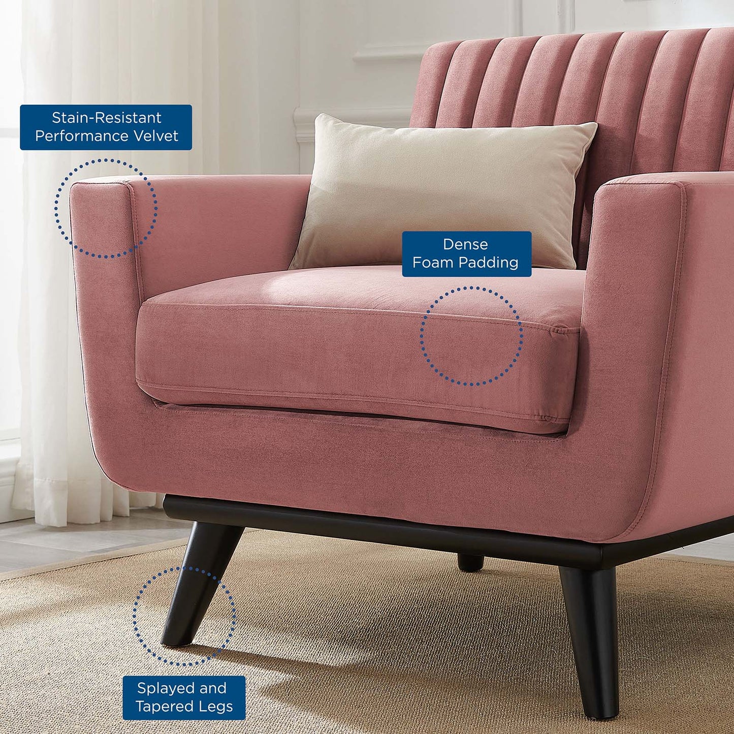 Engage Channel Tufted Performance Velvet Armchair, Velvet, Pink, 21160