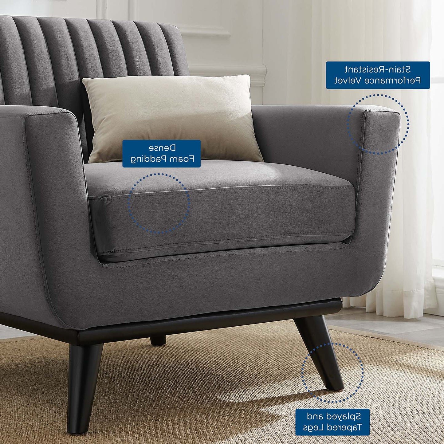 Engage Channel Tufted Performance Velvet Armchair, Velvet, Grey Gray, 21162