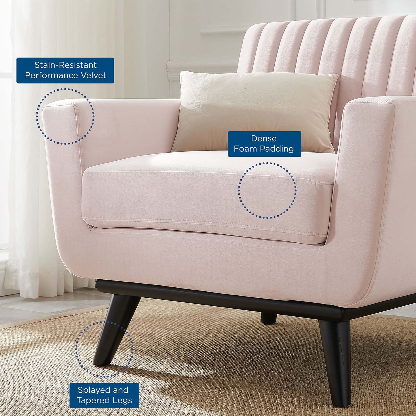 Engage Channel Tufted Performance Velvet Armchair, Velvet, Pink, 21164