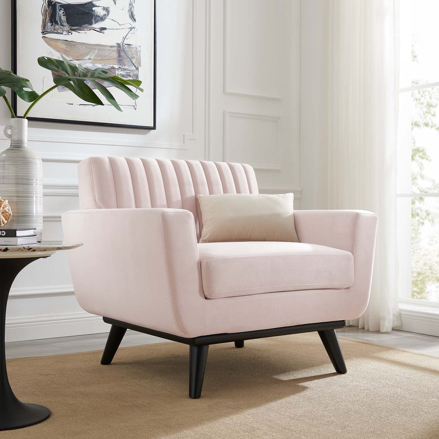 Engage Channel Tufted Performance Velvet Armchair, Velvet, Pink, 21164