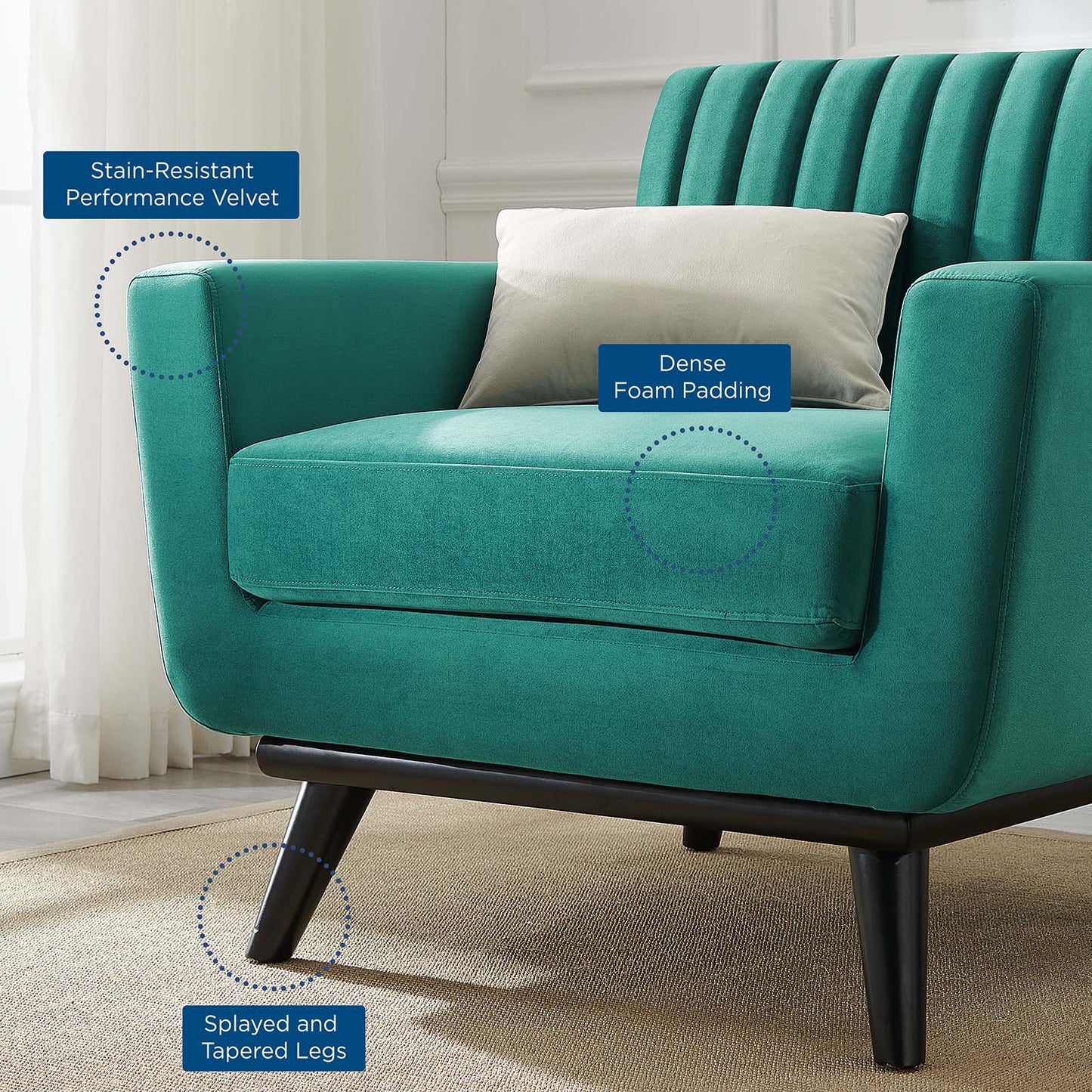 Engage Channel Tufted Performance Velvet Armchair, Velvet, Teal Blue, 21165