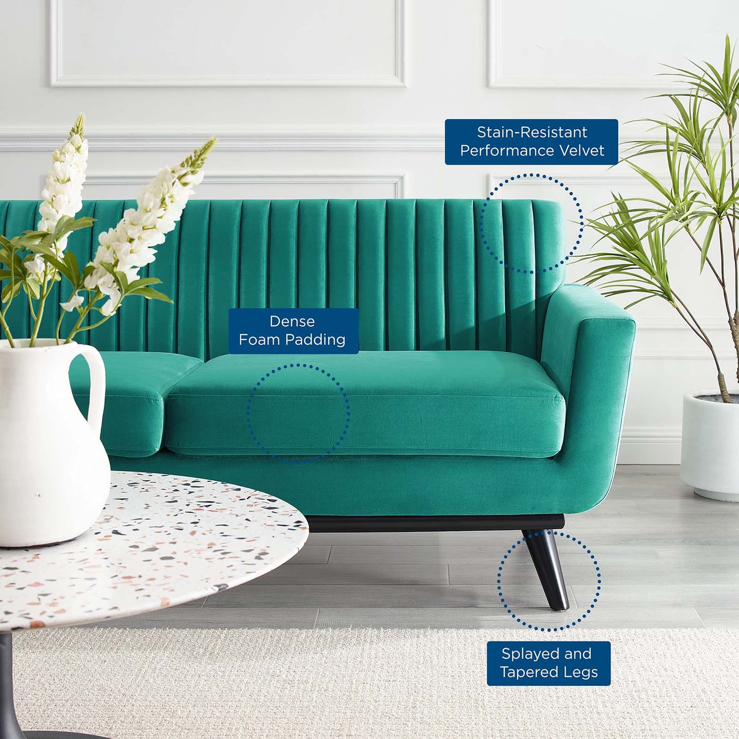 Engage Channel Tufted Performance Velvet Loveseat, Velvet, Teal Blue, 21171
