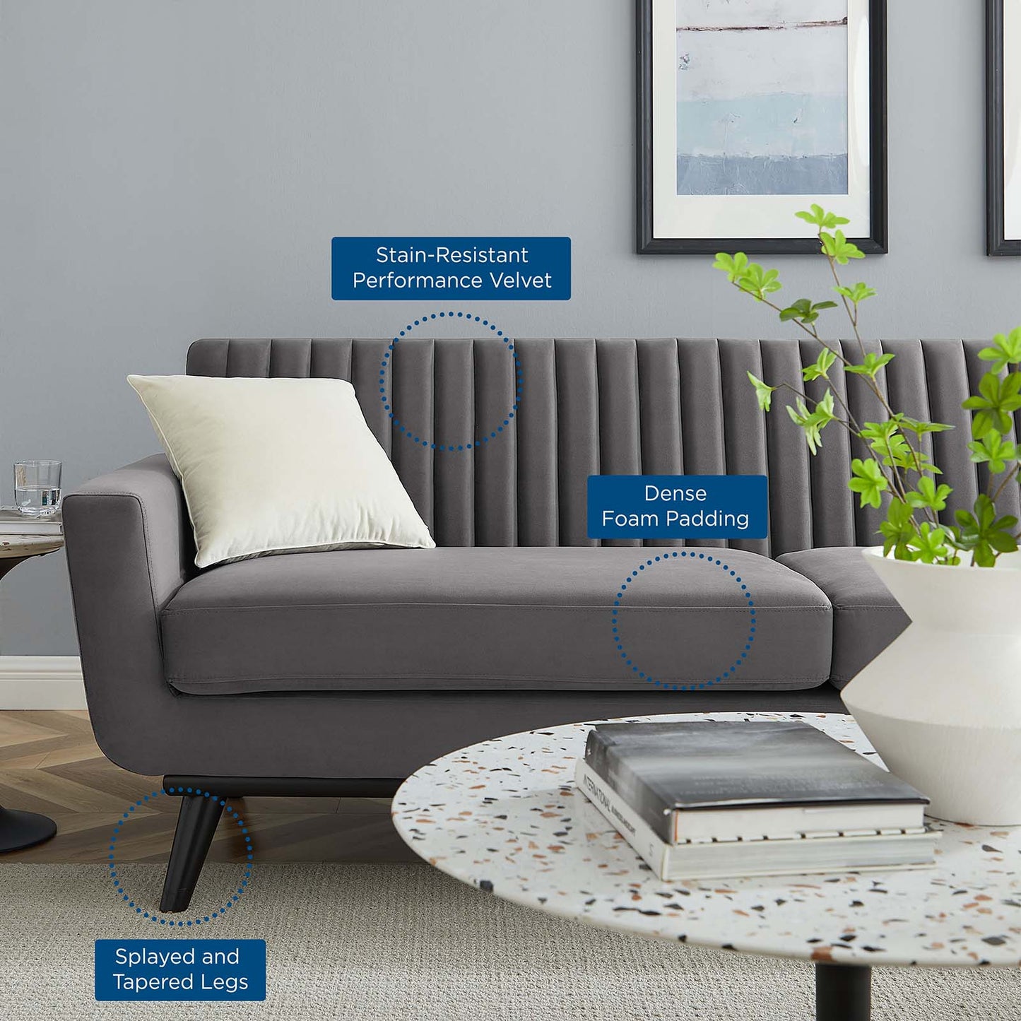 Engage Channel Tufted Performance Velvet Sofa, Velvet, Grey Gray, 21174