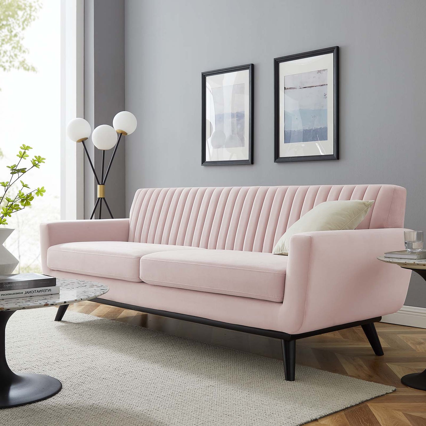 Engage Channel Tufted Performance Velvet Sofa, Velvet, Pink, 21176