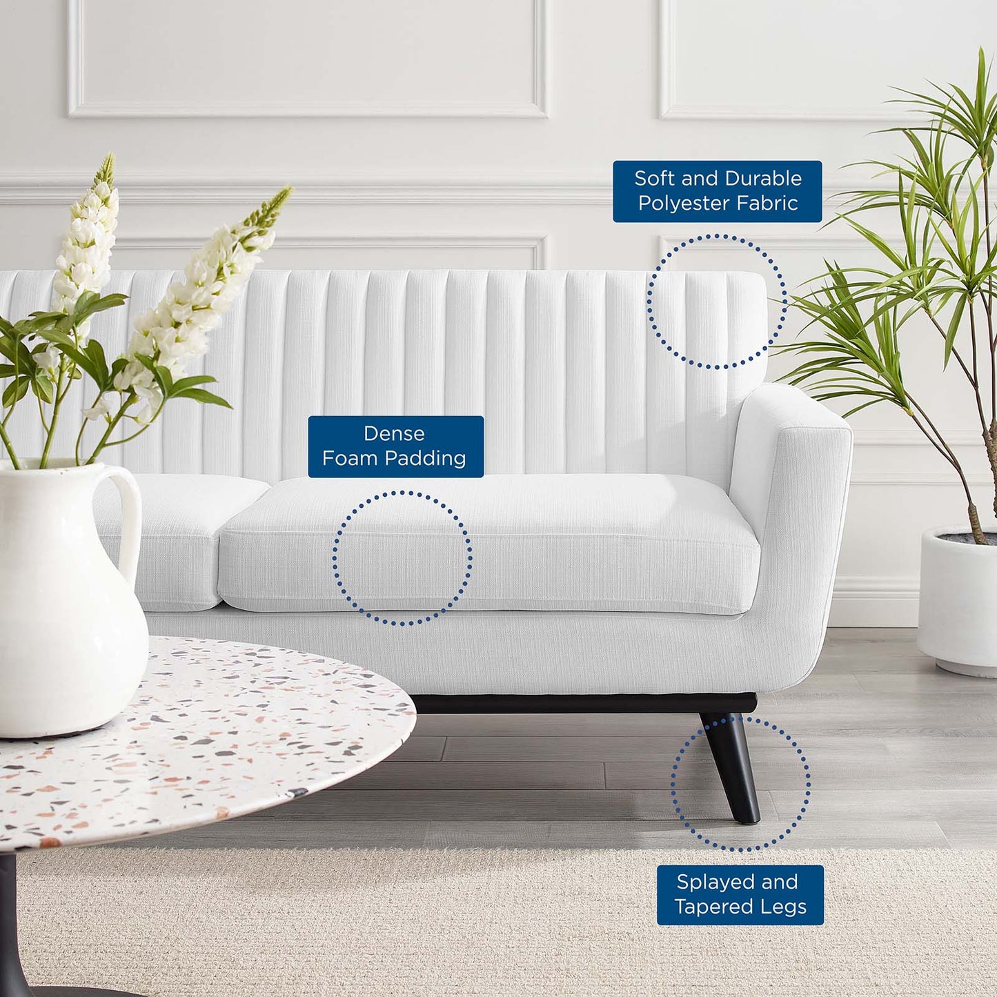Engage Channel Tufted Fabric Loveseat, Fabric, White, 21179