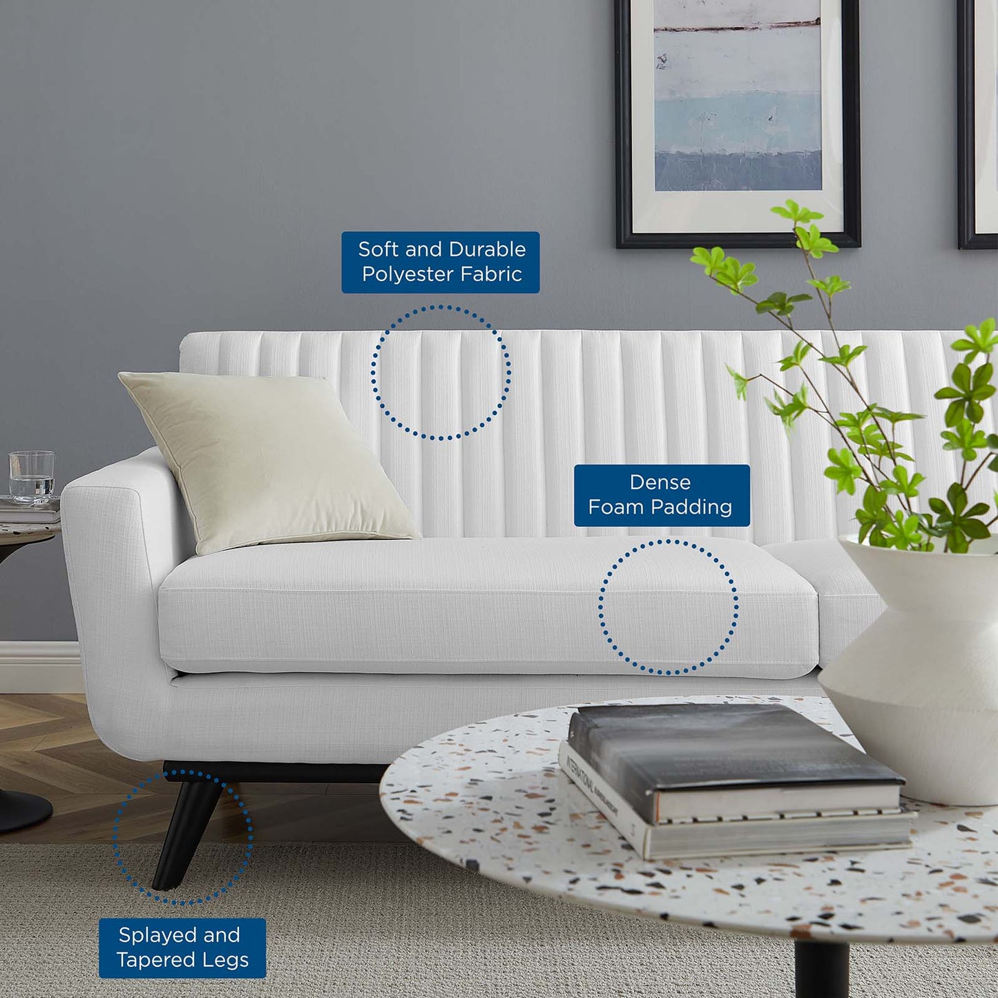 Engage Channel Tufted Fabric Sofa, Fabric, White, 21180