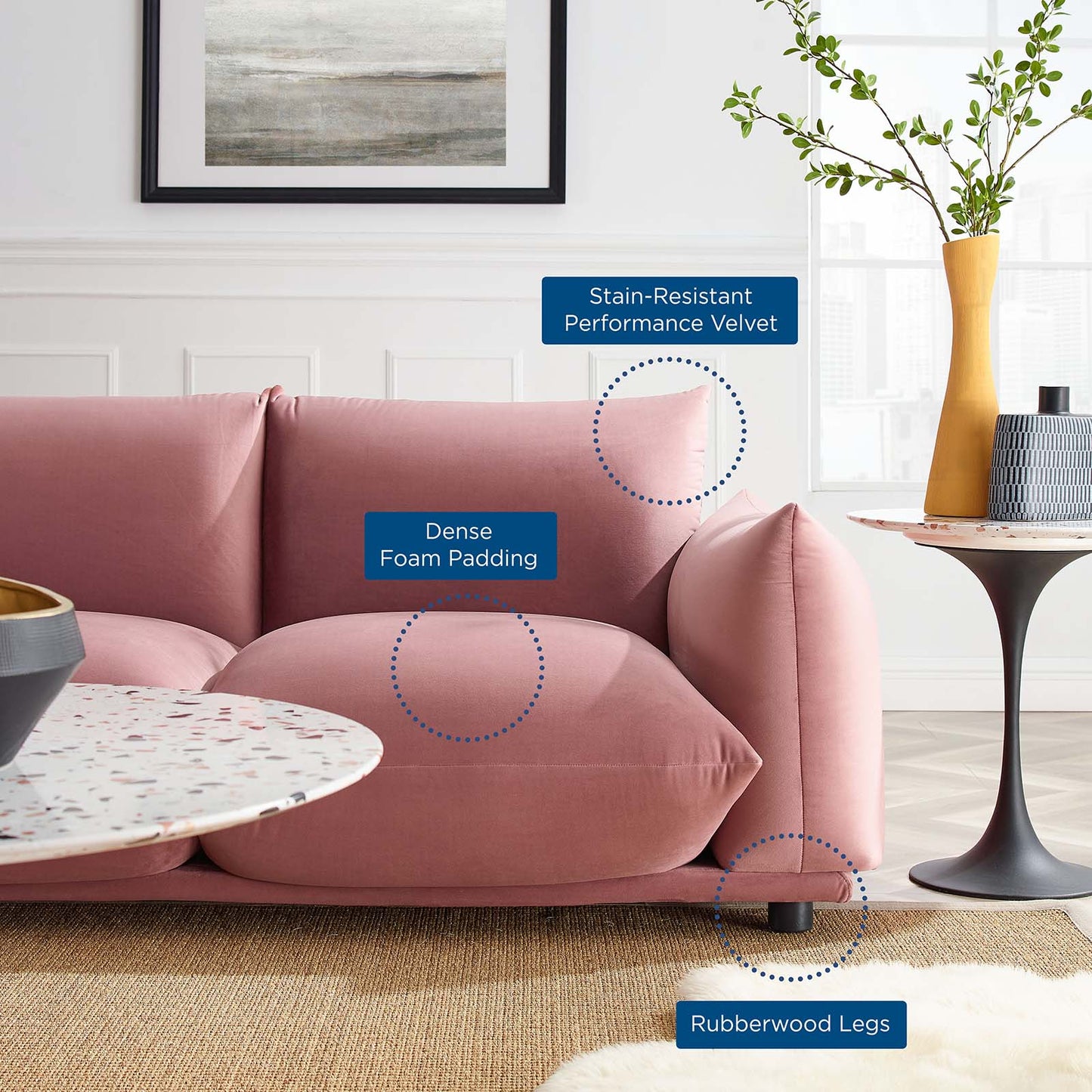 Copious Performance Velvet Sofa, Velvet, Pink, 21182