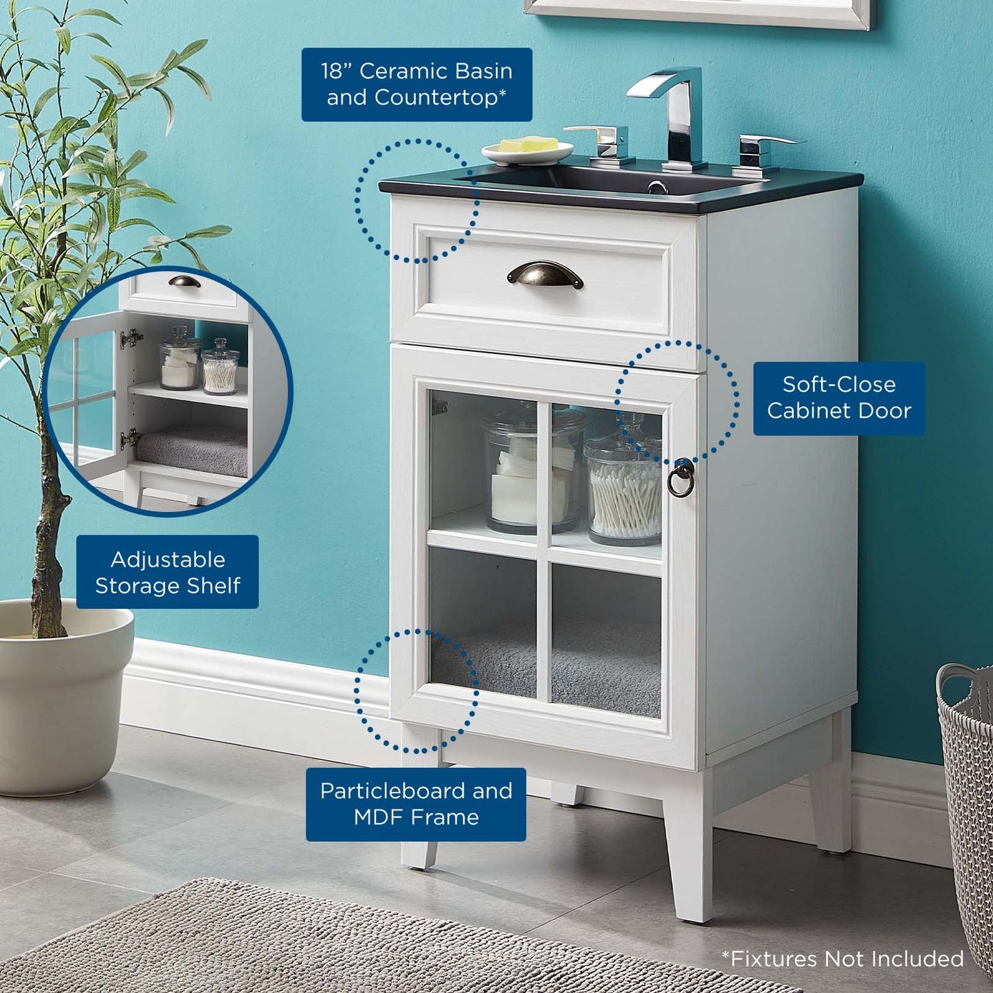 Isle 18" Bathroom Vanity Cabinet, Wood, White Black, 23130