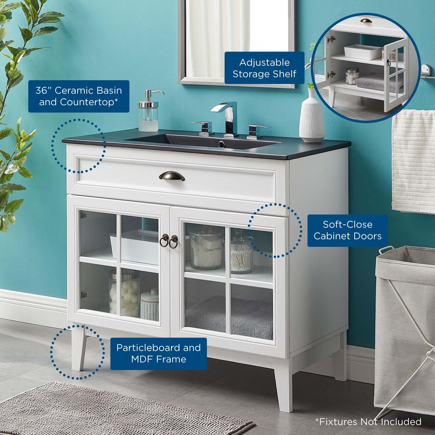 Isle 36" Bathroom Vanity Cabinet, Wood, White Black, 23136