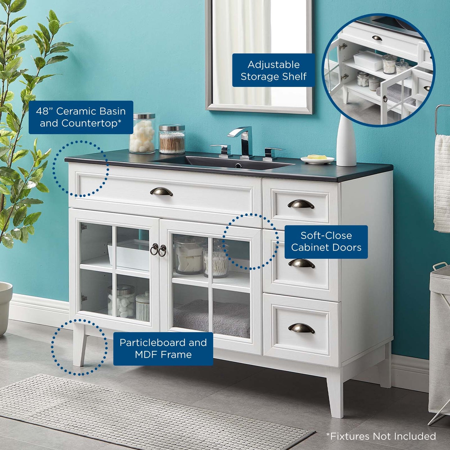 Isle 48" Bathroom Vanity Cabinet, Wood, White Black, 23153