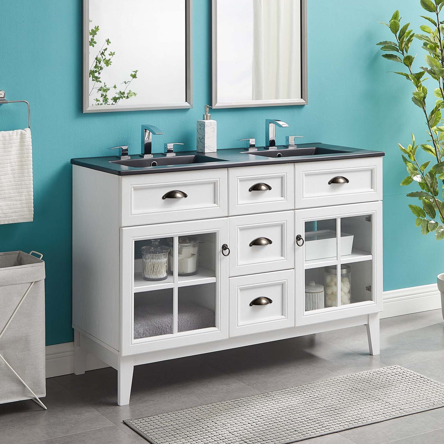 Isle 48" Double Bathroom Vanity Cabinet, Wood, White Black, 23154