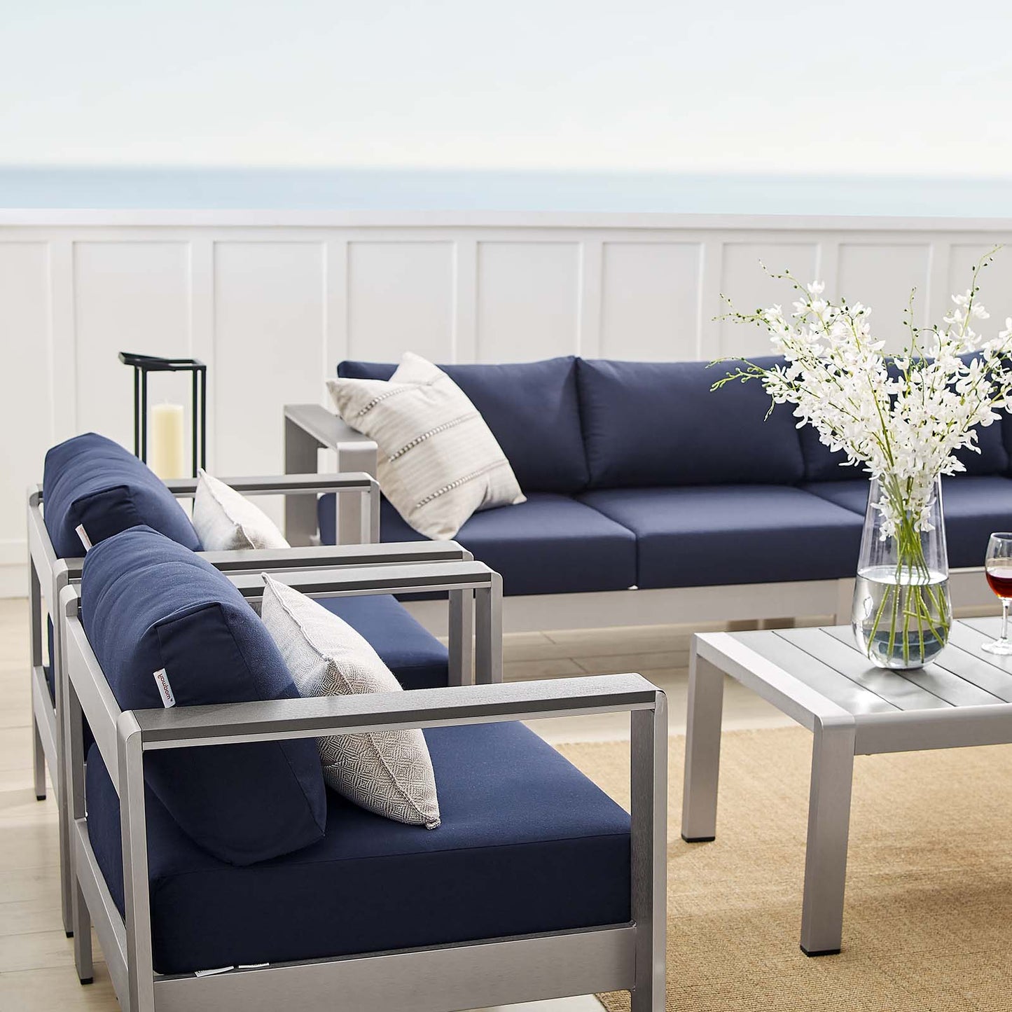 Shore Sunbrella® Fabric Outdoor Patio Aluminum 7 Piece Sectional Sofa Set, Fabric, Aluminum, Metal, Steel, Silver Blue Navy, 21194