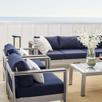 Shore Sunbrella® Fabric Outdoor Patio Aluminum 7 Piece Sectional Sofa Set, Fabric, Aluminum, Metal, Steel, Silver Blue Navy, 21194