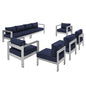 Shore Sunbrella® Fabric Outdoor Patio Aluminum 7 Piece Sectional Sofa Set, Fabric, Aluminum, Metal, Steel, Silver Blue Navy, 21194