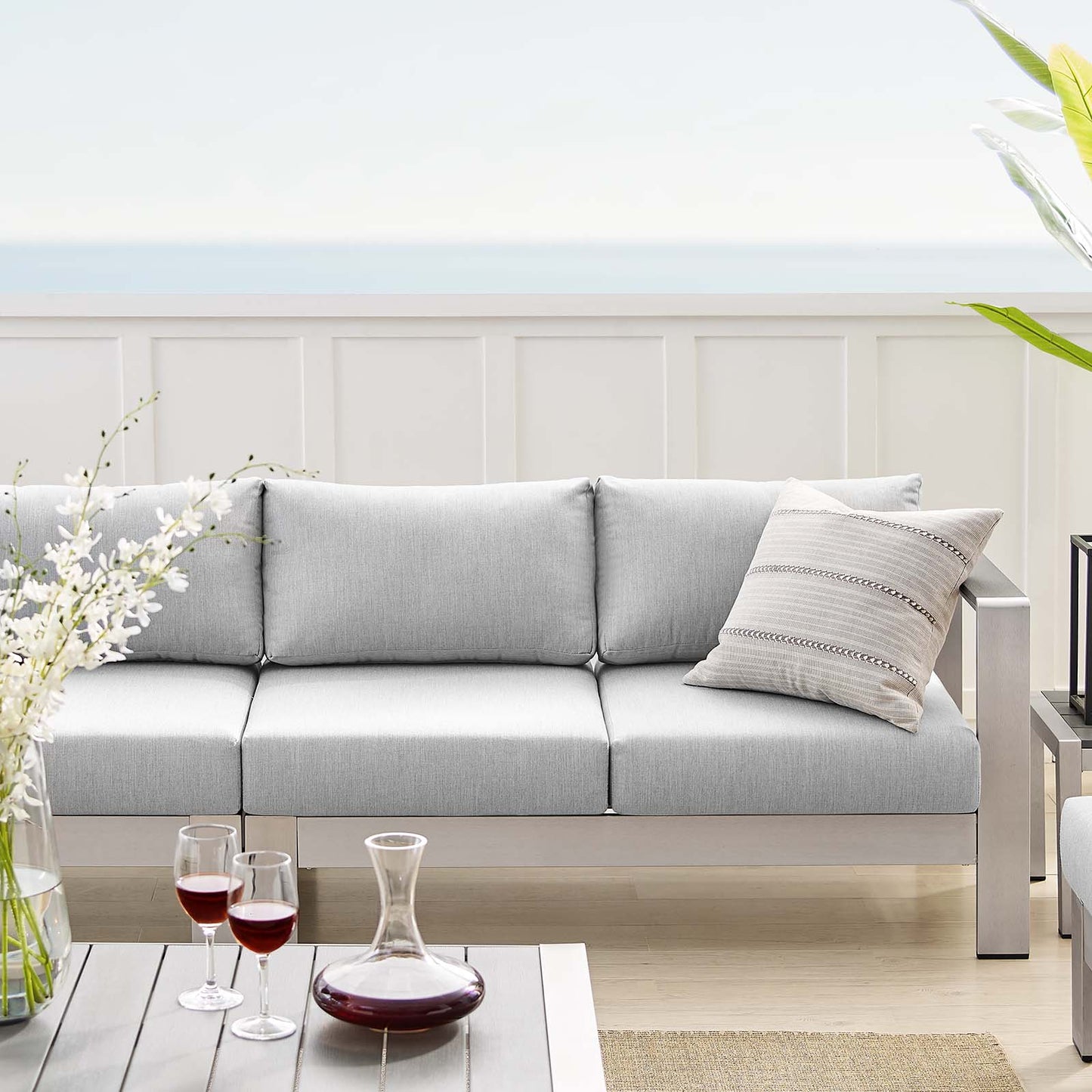 Shore Sunbrella® Fabric Outdoor Patio Aluminum 8 Piece Sectional Sofa Set, Fabric, Aluminum, Metal, Steel, Silver Grey Gray, 21195