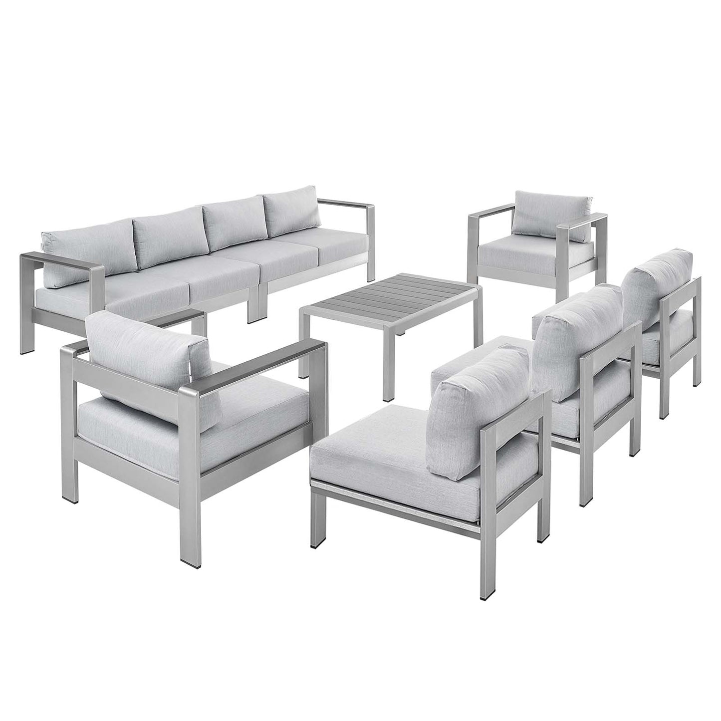 Shore Sunbrella® Fabric Outdoor Patio Aluminum 8 Piece Sectional Sofa Set, Fabric, Aluminum, Metal, Steel, Silver Grey Gray, 21195