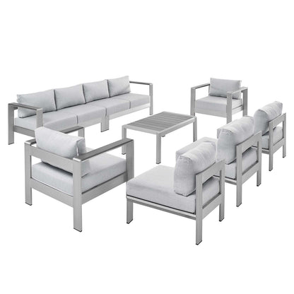 Shore Sunbrella® Fabric Outdoor Patio Aluminum 8 Piece Sectional Sofa Set, Fabric, Aluminum, Metal, Steel, Silver Grey Gray, 21195