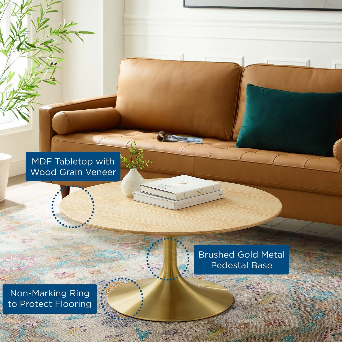 Lippa 36" Wood Coffee Table, Wood, Metal Steel, Gold Brown Natural, 21199