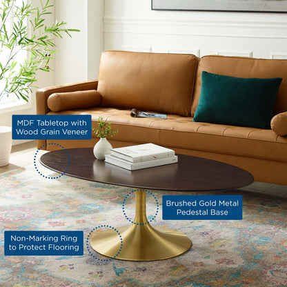 Lippa 48" Oval Wood Coffee Table, Wood, Metal Steel, Gold Dark Brown Brown Walnut, 21200