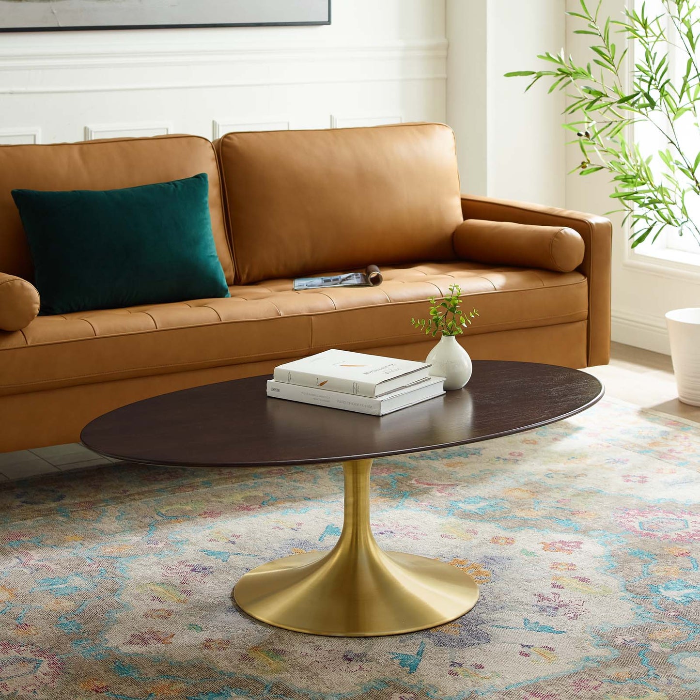 Lippa 48" Oval Wood Coffee Table, Wood, Metal Steel, Gold Dark Brown Brown Walnut, 21200
