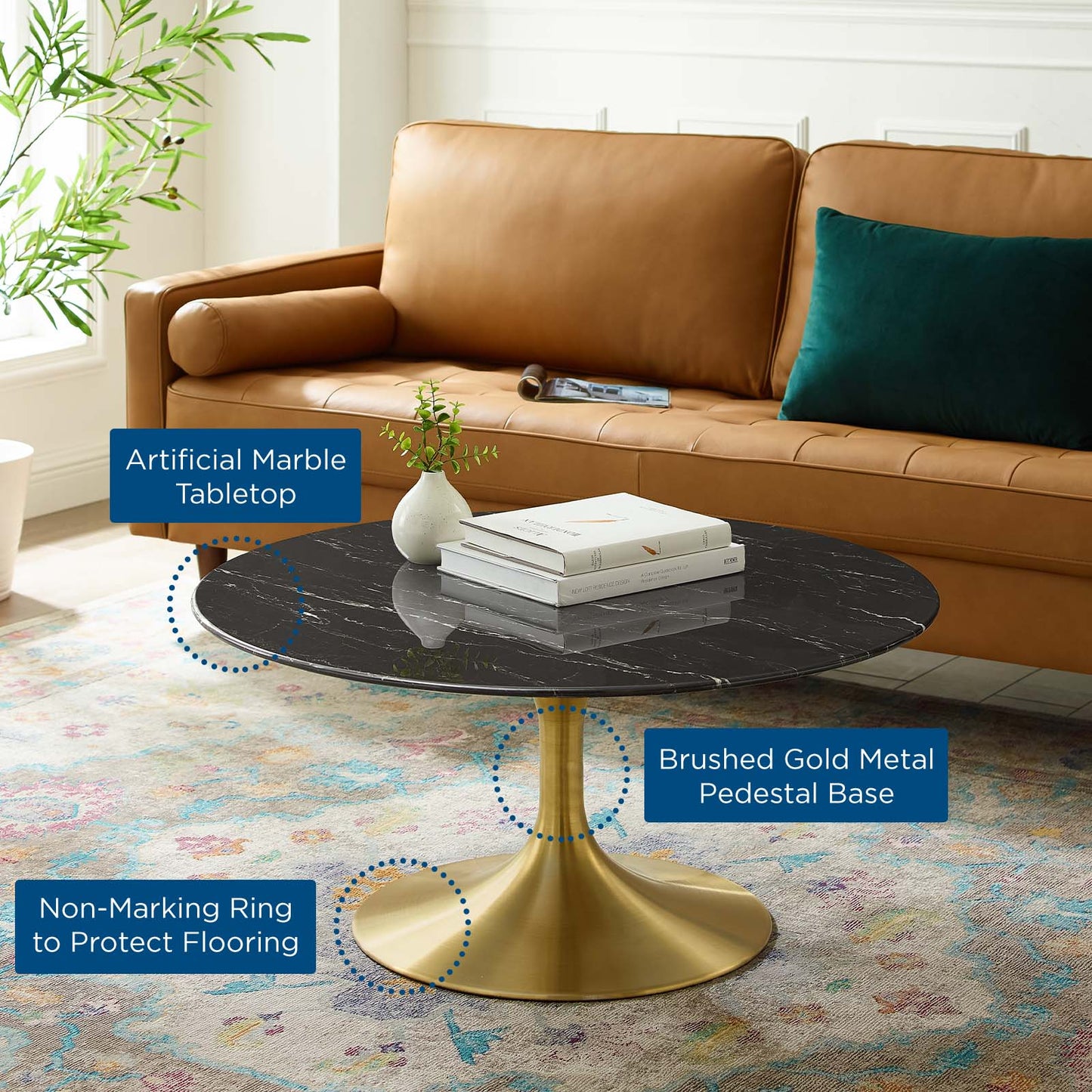 Lippa 36" Artificial Marble Coffee Table, Artificial Marble, Metal Steel, Gold Black, 21202