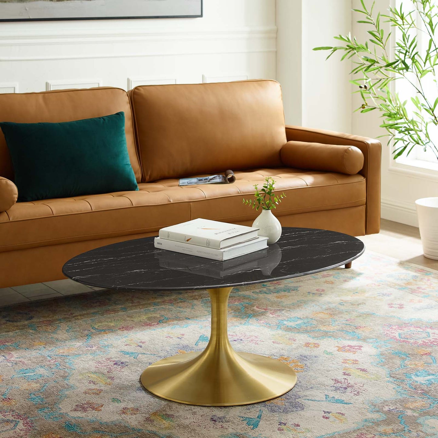 Lippa 42" Oval Artificial Marble Coffee Table, Artificial Marble, Metal Steel, Gold Black, 21203