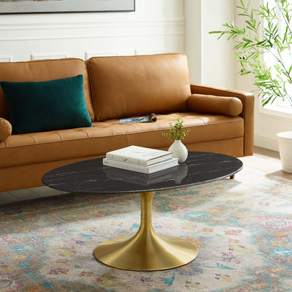 Lippa 42" Oval Artificial Marble Coffee Table, Artificial Marble, Metal Steel, Gold Black, 21203