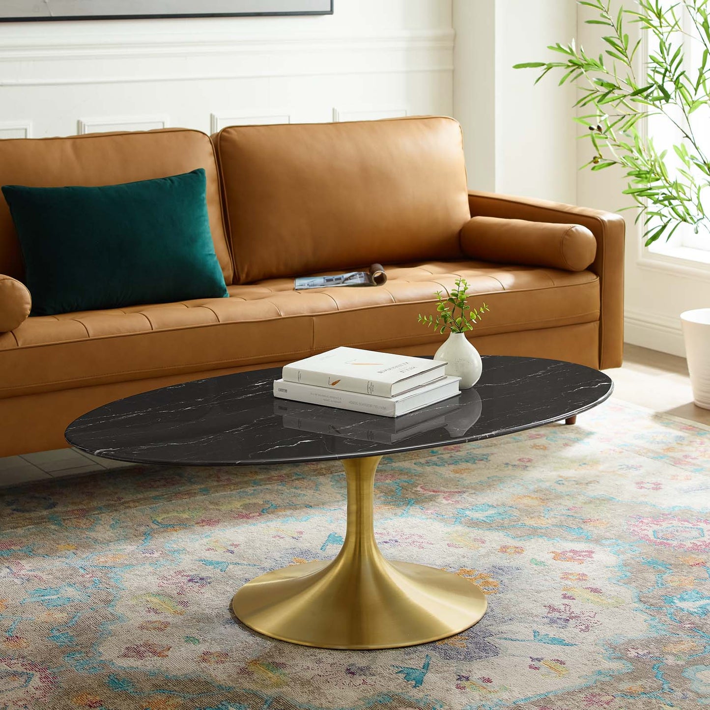 Lippa 48" Oval Artificial Marble Coffee Table, Artificial Marble, Metal Steel, Gold Black, 21204