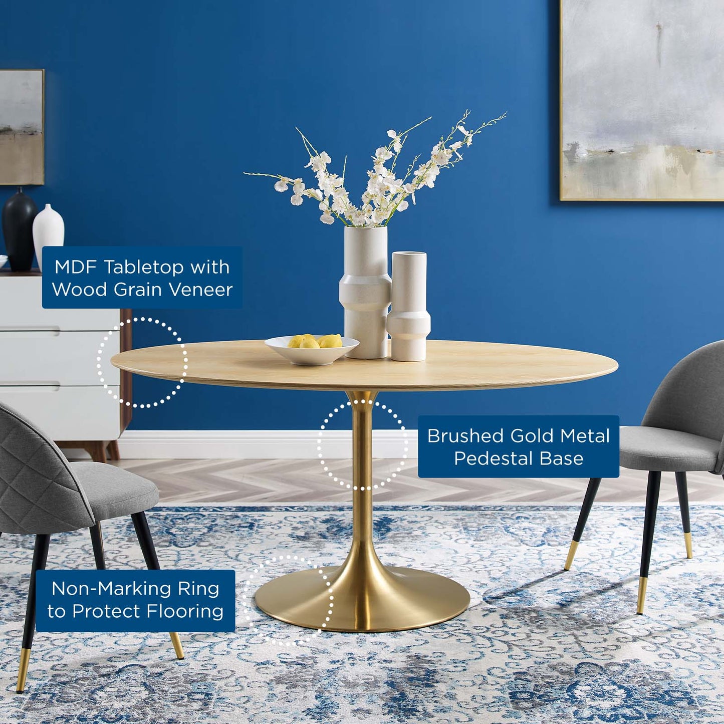 Lippa 60" Oval Wood Dining Table, Wood, Gold Brown Natural, 21206