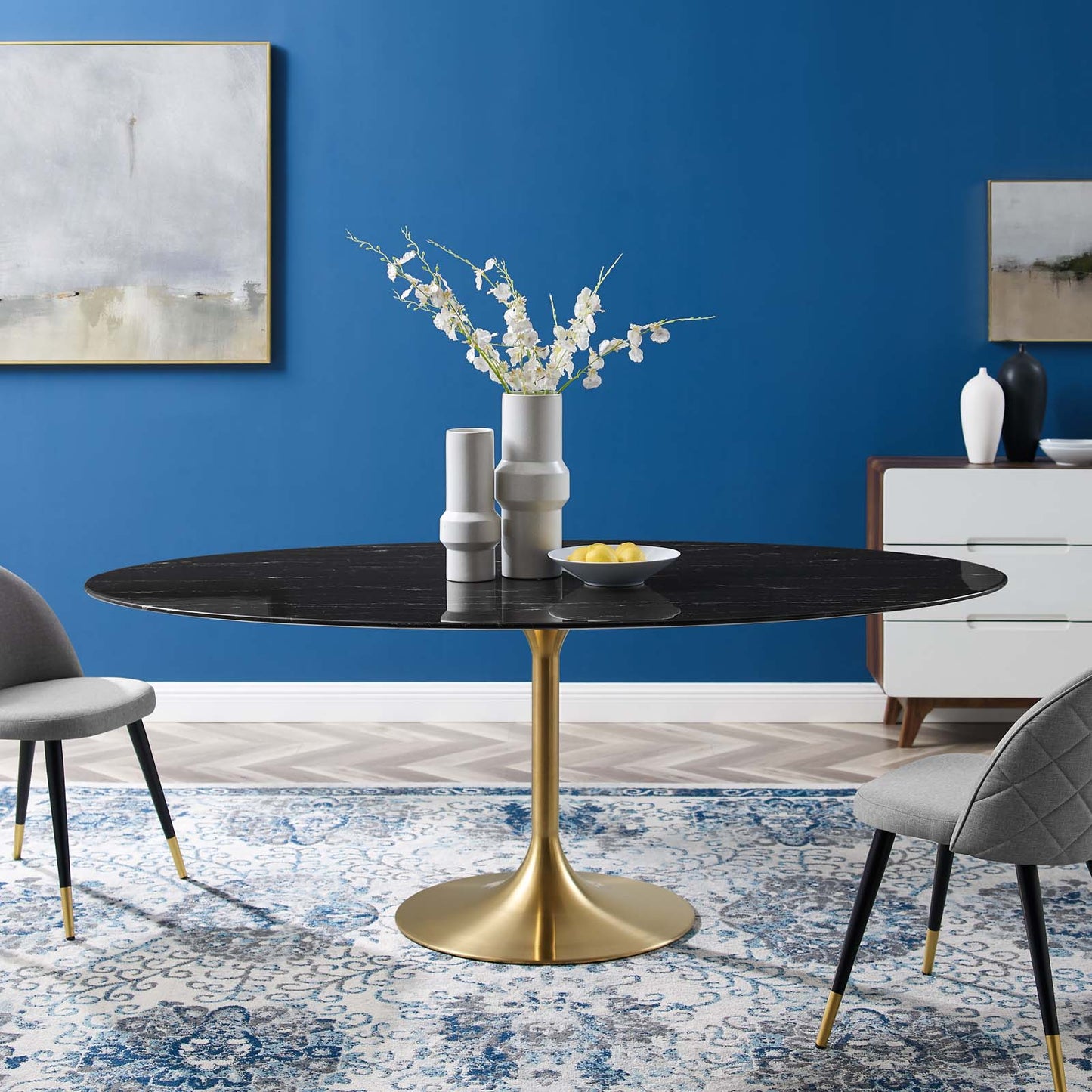 Lippa 78" Oval Artificial Marble Dining Table, Artificial Marble, Metal Steel, Gold Black, 21209