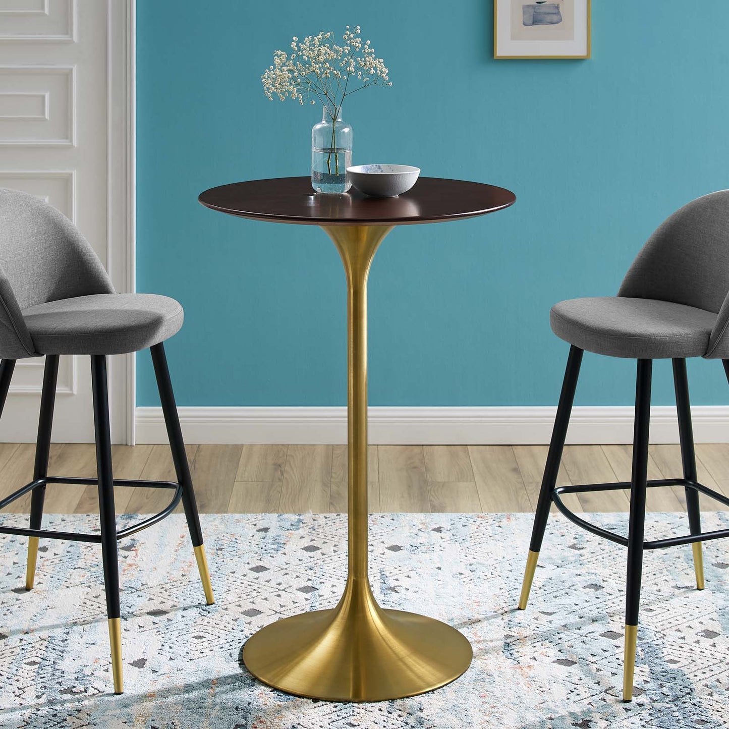 Lippa 28" Wood Bar Table, Wood, Metal Steel, Gold Dark Brown Brown Walnut, 21210
