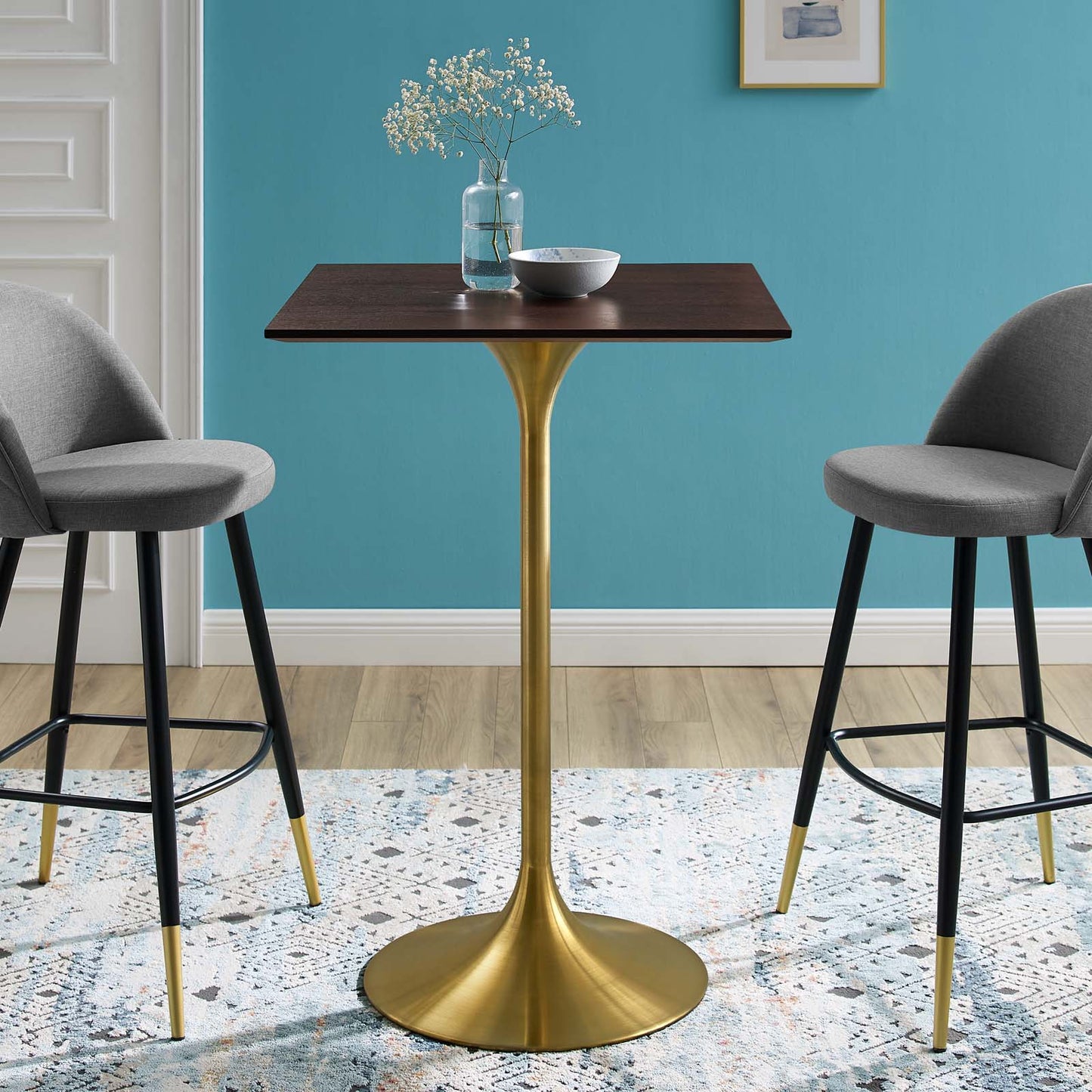 Lippa 28" Square Wood Bar Table, Wood, Metal Steel, Gold Dark Brown Brown Walnut, 21212