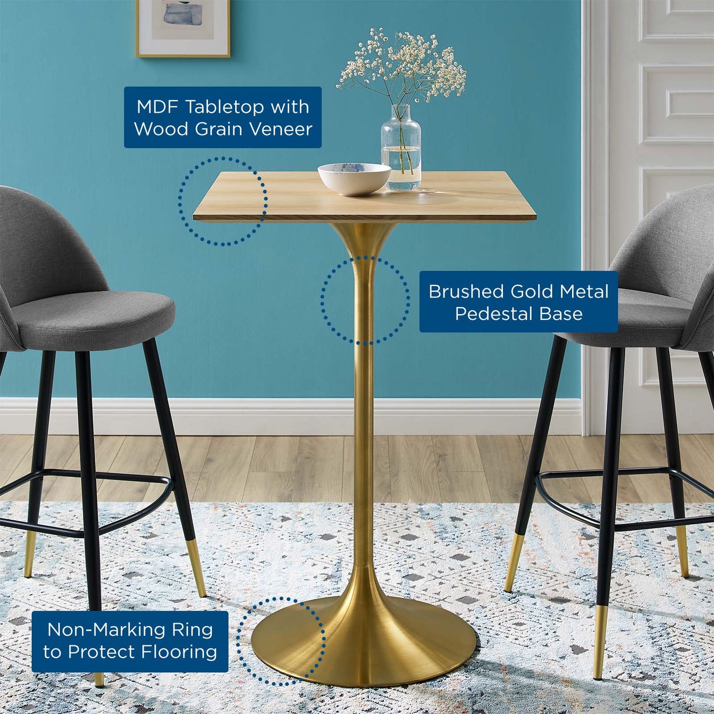 Lippa 28" Square Wood Bar Table, Wood, Metal Steel, Gold Brown Natural, 21213